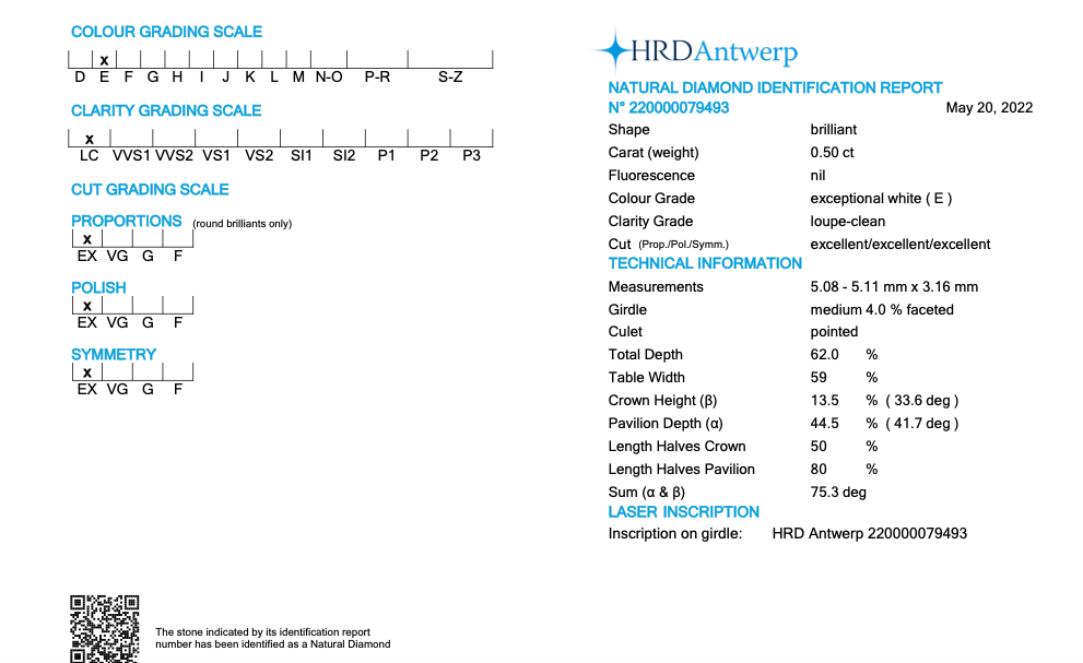 Diamante 0.50ct E IF LC certificato HRD certified diamond report 220000079493